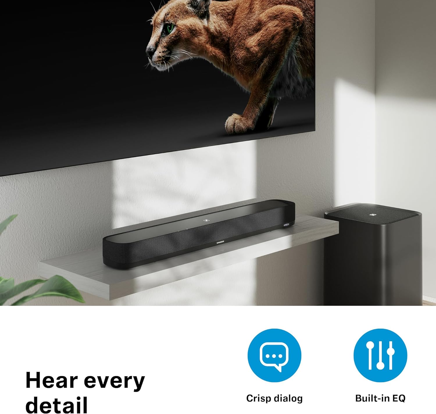 SENNHEISER AMBEO Soundbar Plus für TV und Musik - EU-Stecker - 3D Surround Sound, virtuelles 7.1.4-Lautsprecher-Setup, eingebaute Dual Subwoofer, erweiterte Streaming-Anbindung und Stimmverbesserung